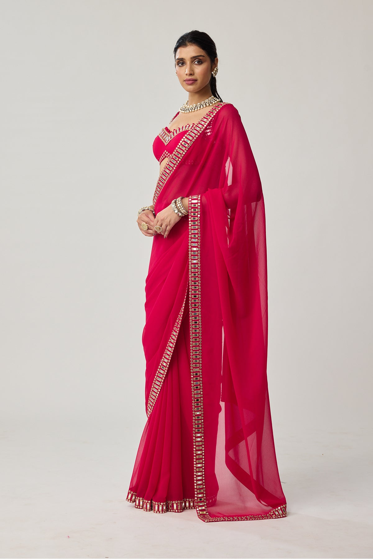 Crimson Red Mirror embroidered Georgette Saree Set