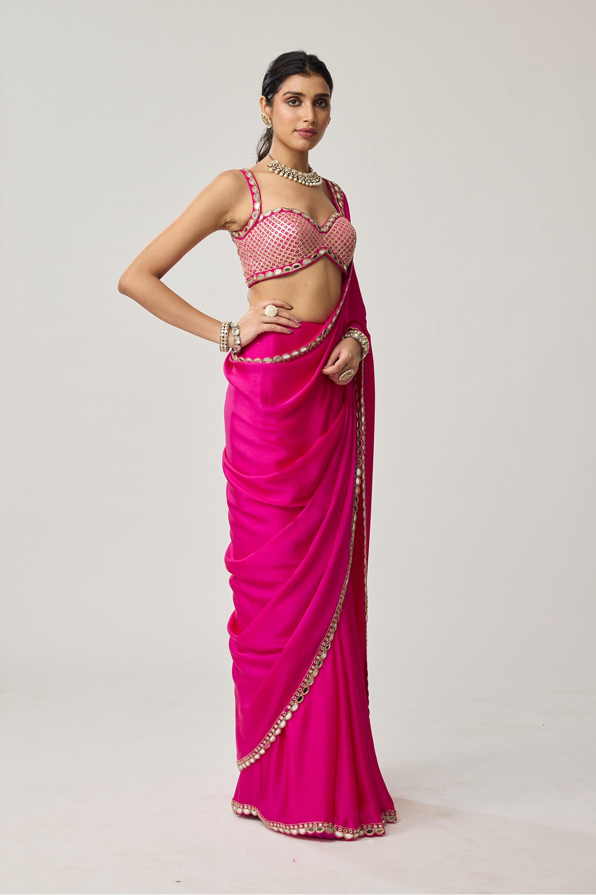 Fuchsia Pink Gota Mirror Saree Set