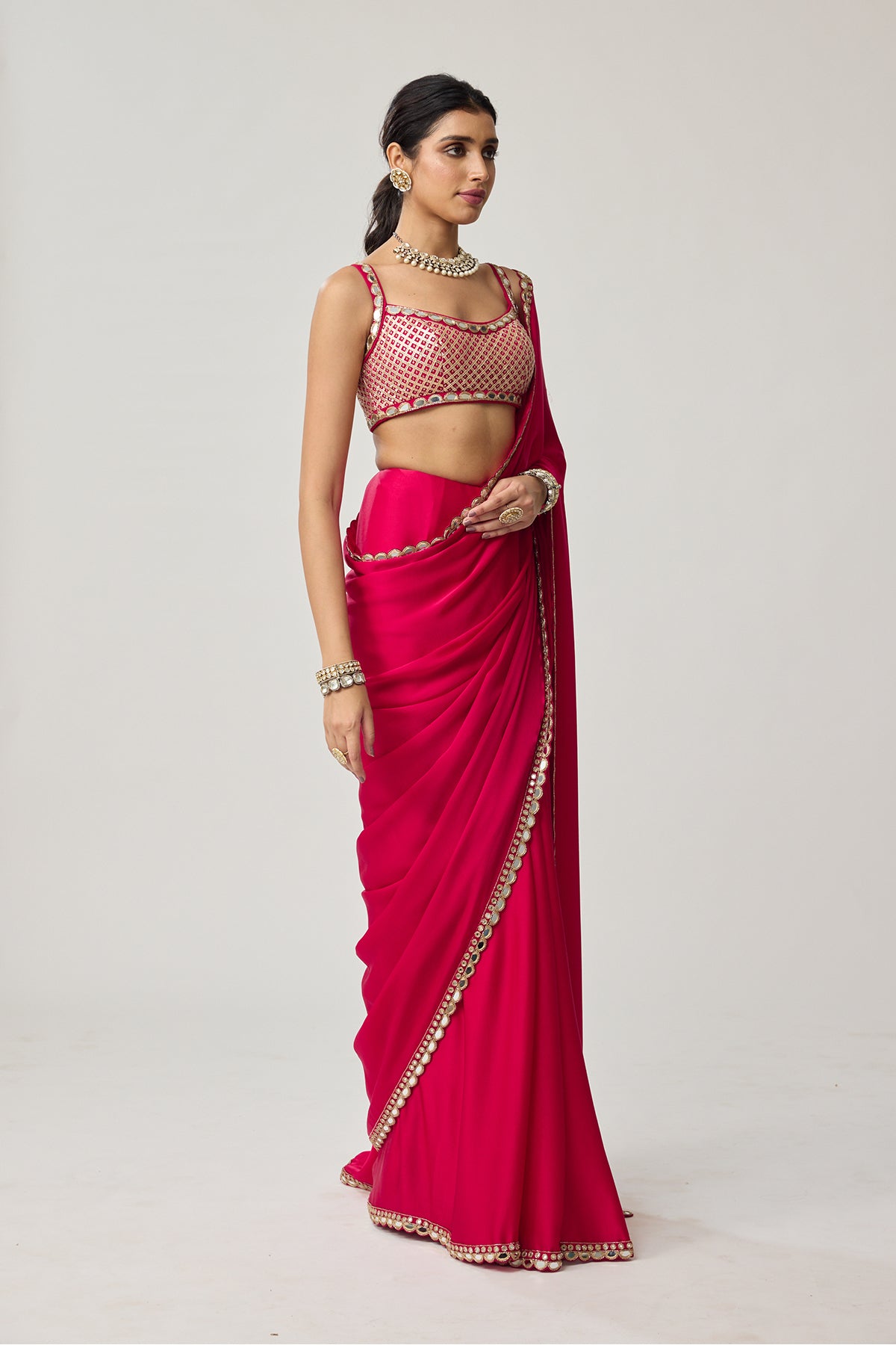 Crimson Red Gota And Mirror Embroidered Saree Set