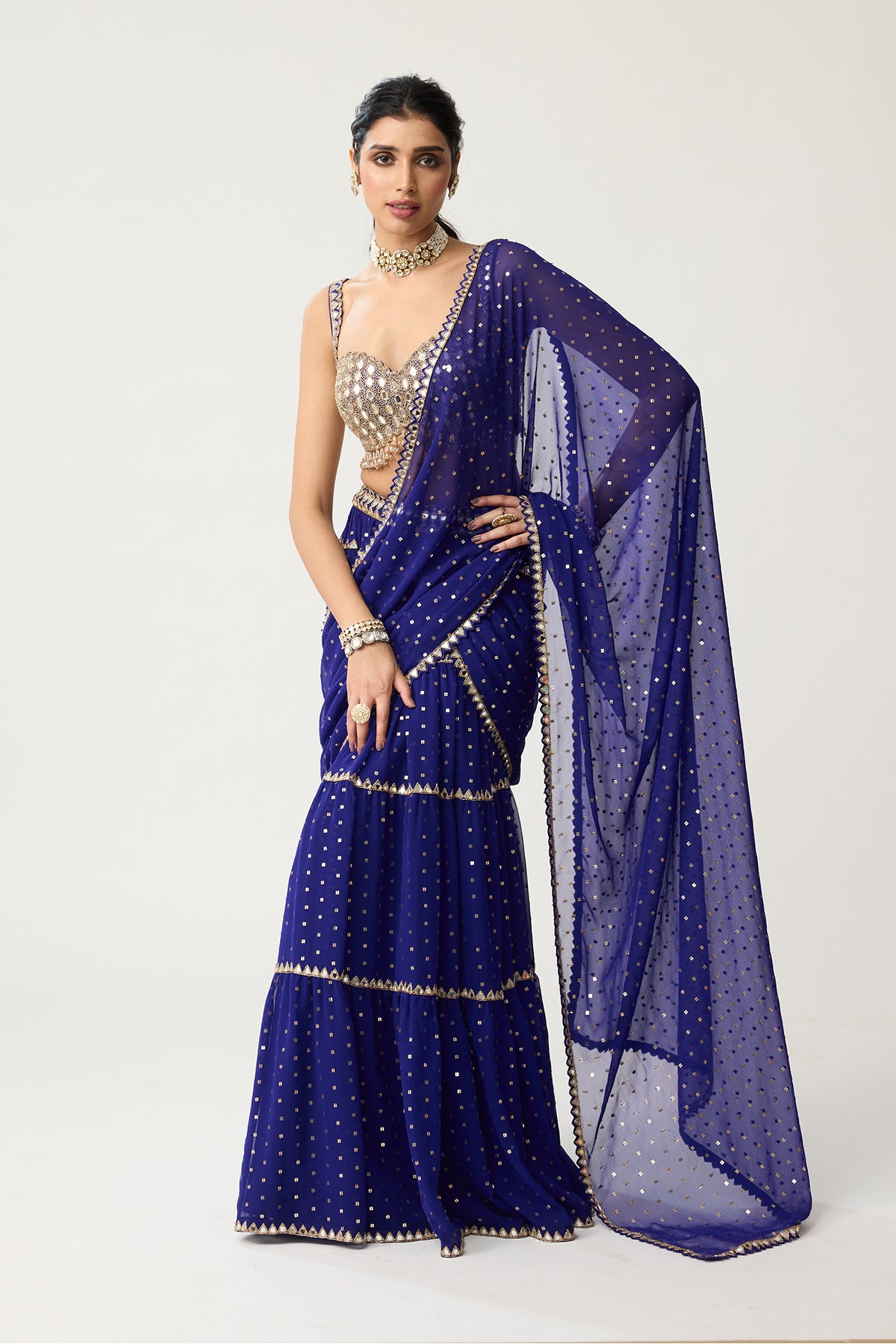 Persian Blue Multi-tier Mirror Saree Set