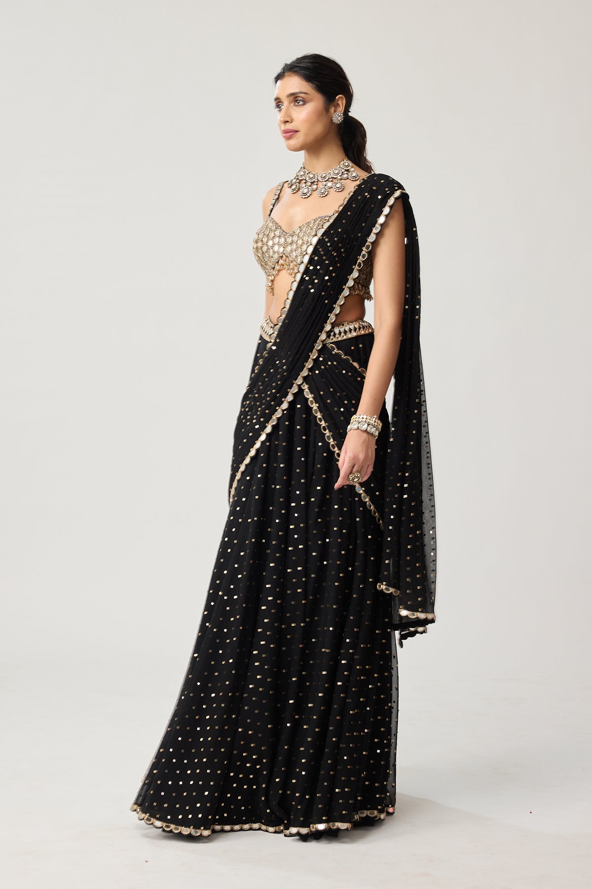 Black Georgette Flared pants Saree Set