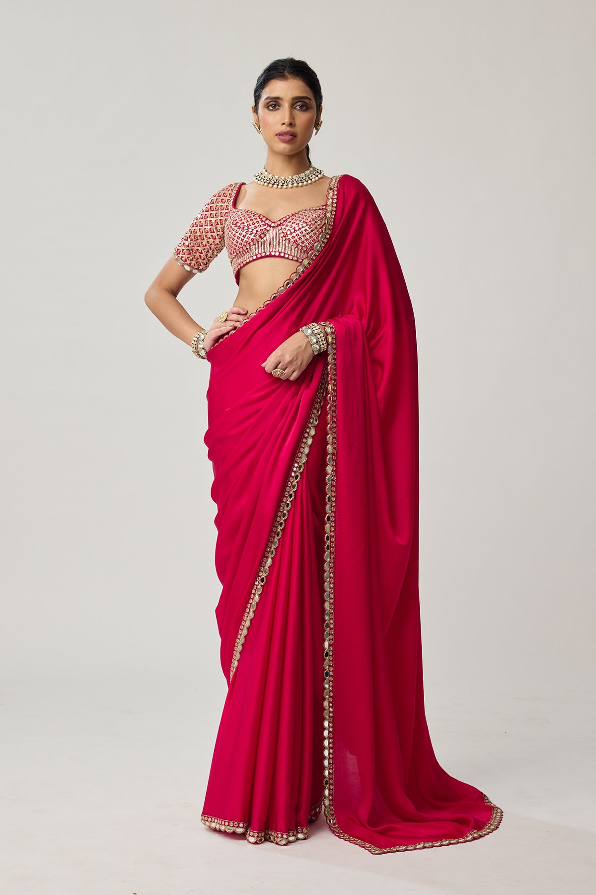 Crimson Red Gota Mirror Satin Saree Set
