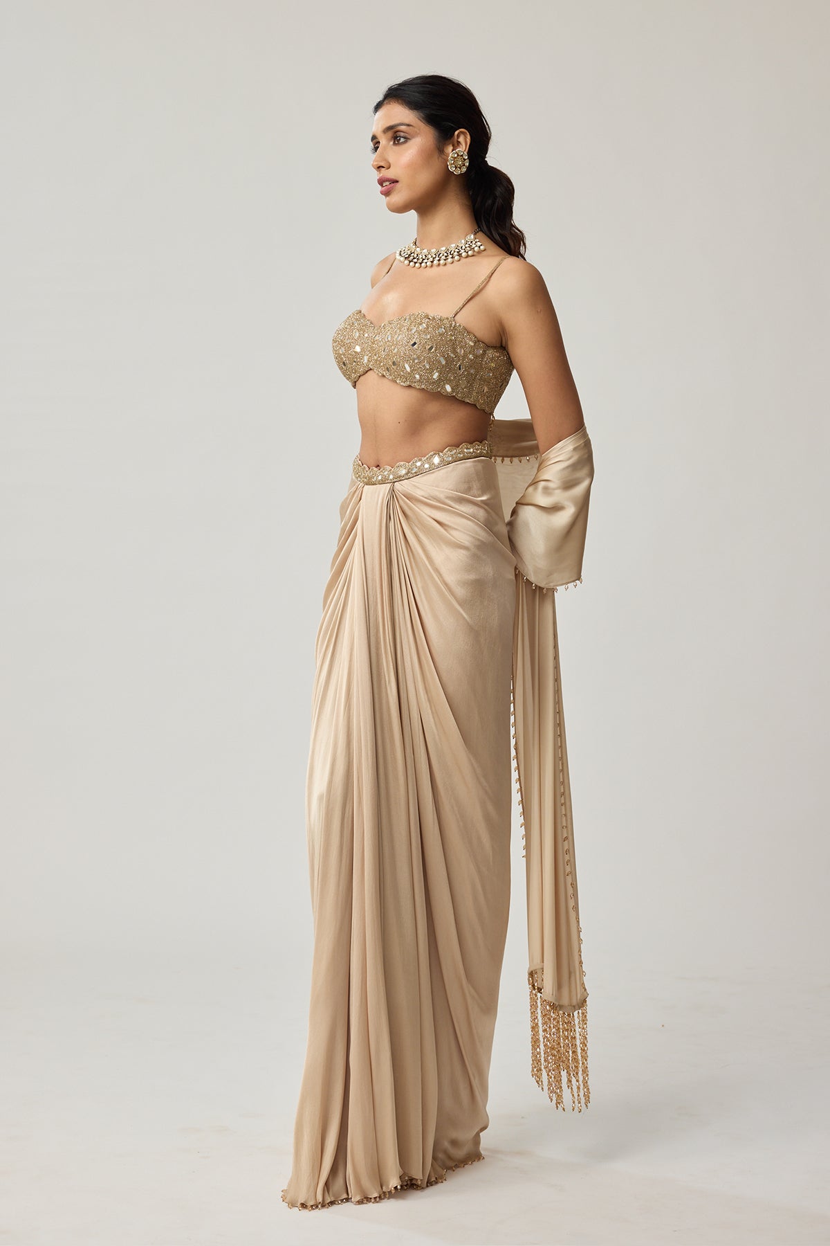 Light beige Mirror Satin draped skirt Set