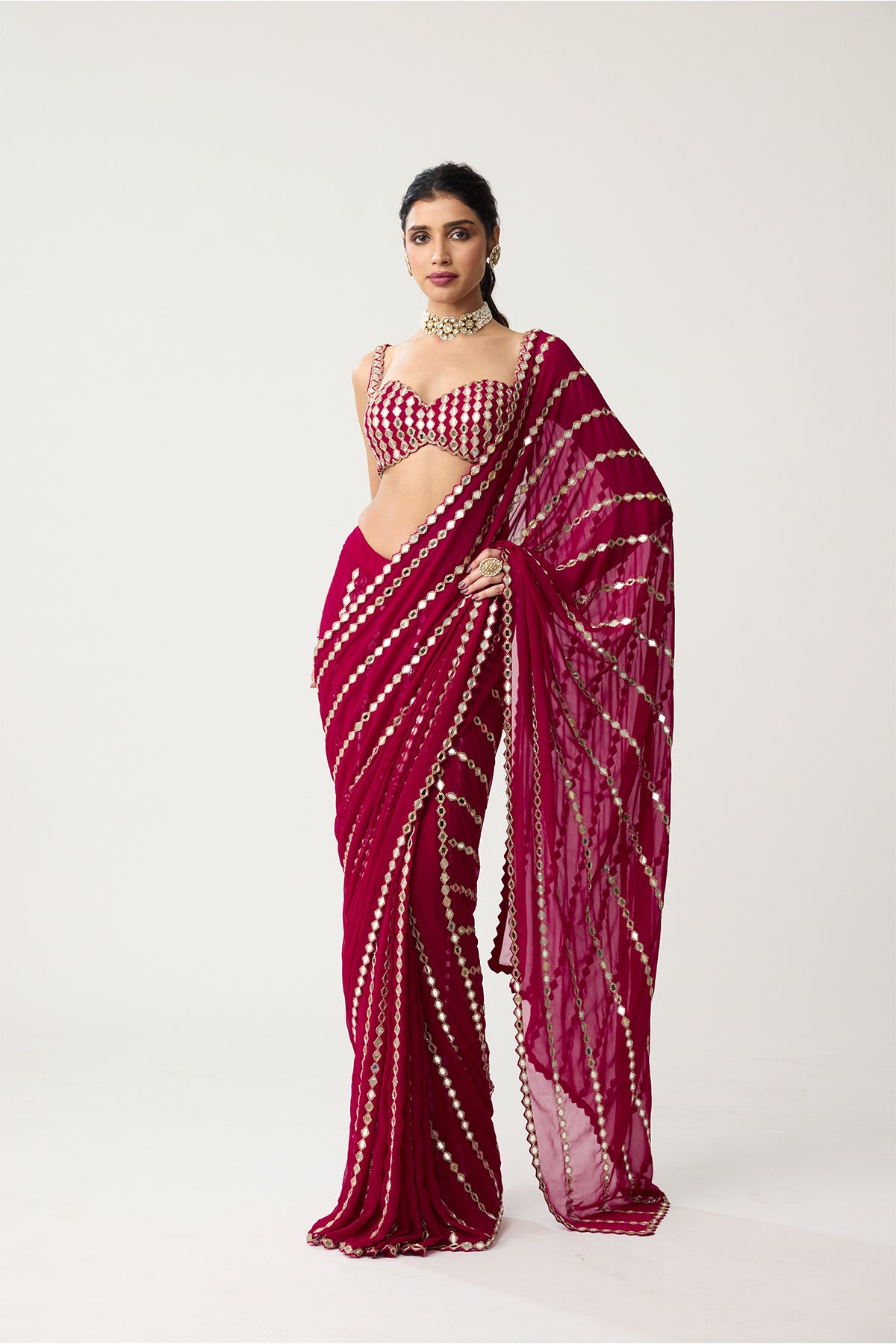 Ruby red Linear Mirror Saree Set