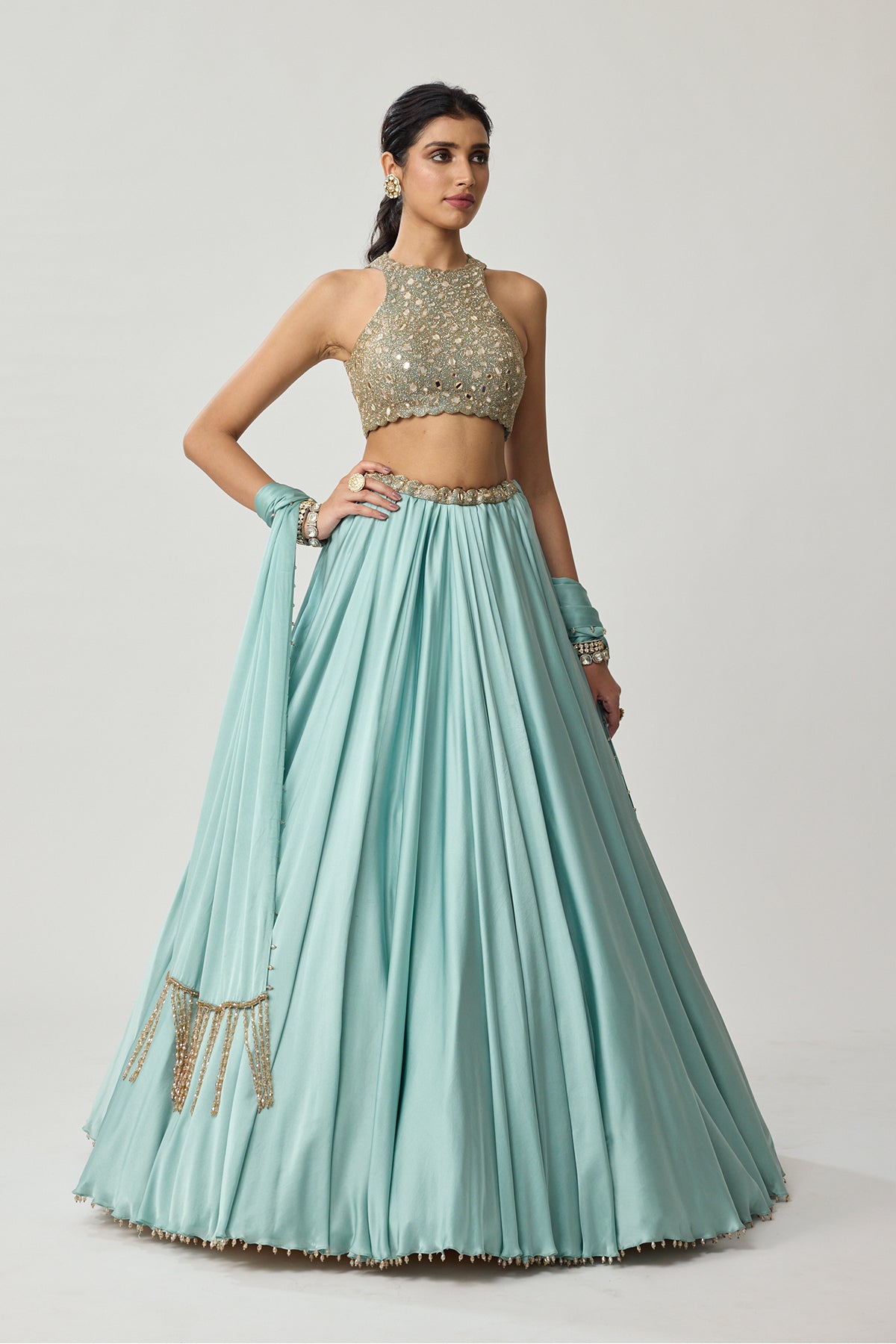 Powder Blue Mirror Satin skirt Set