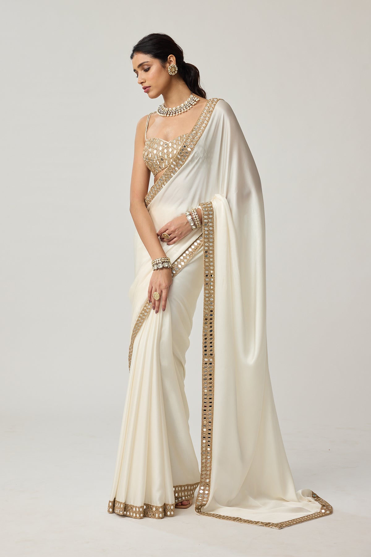 Off White Mirror Satin Saree Set