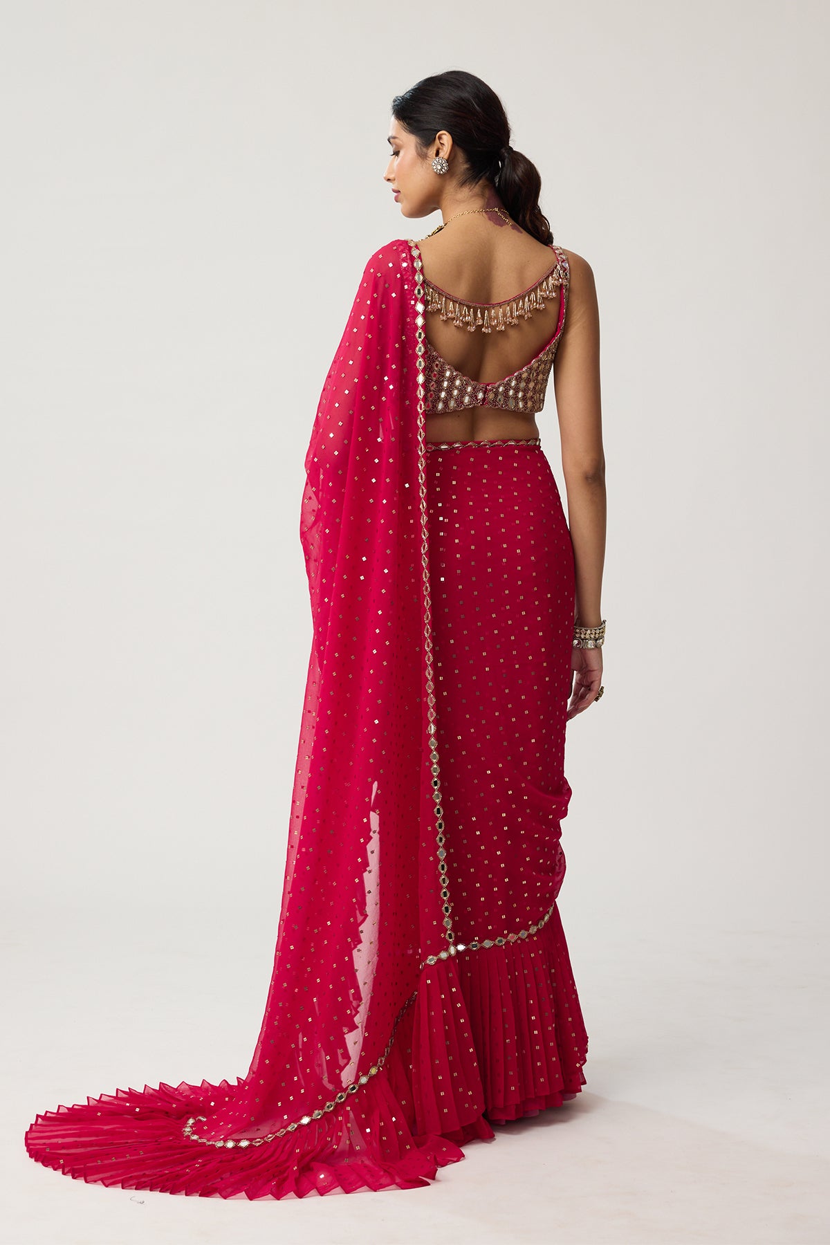 Crimson Red Ruffle Sequins Mirror Saree Set