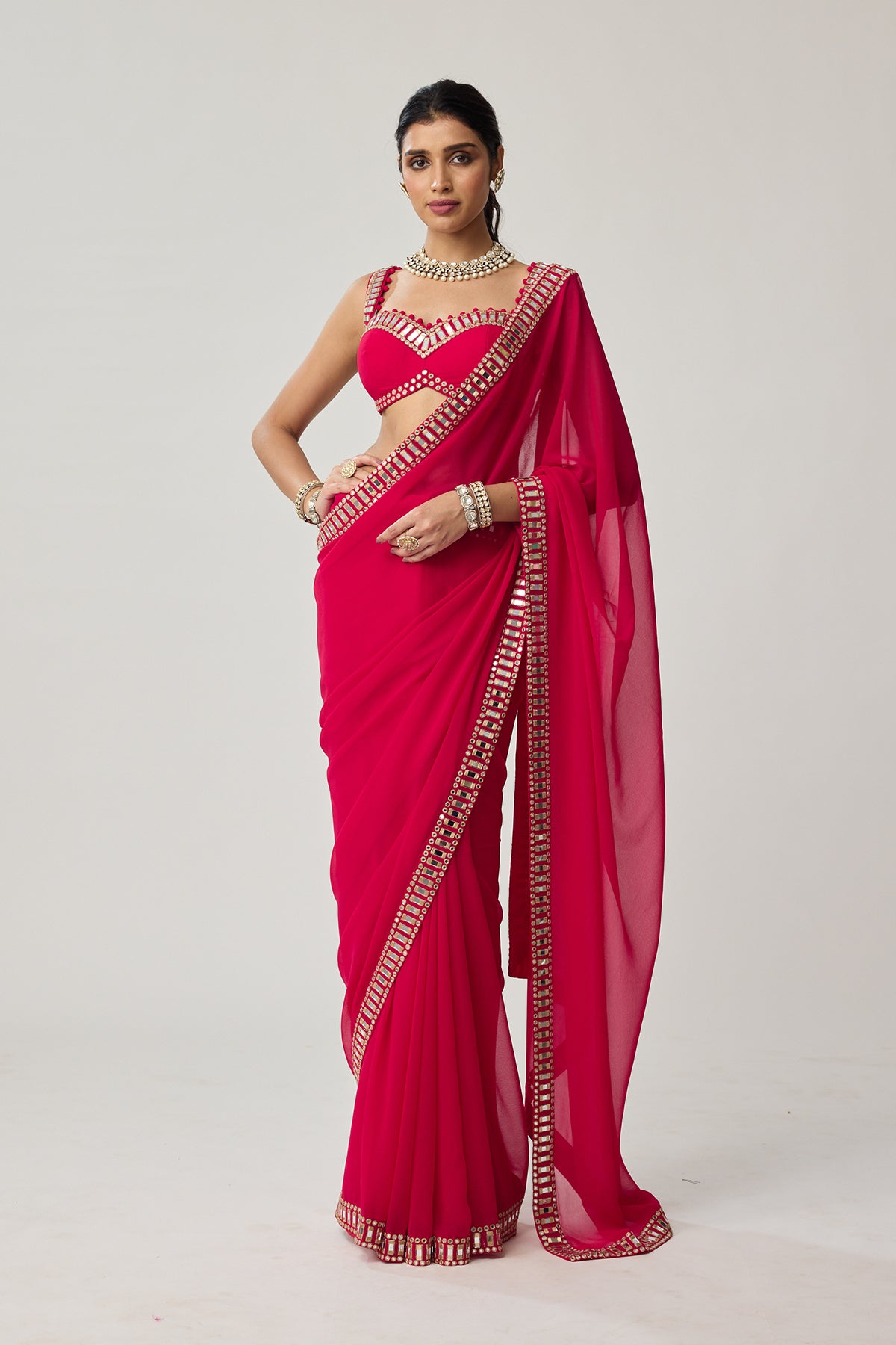 Crimson Red Mirror embroidered Georgette Saree Set