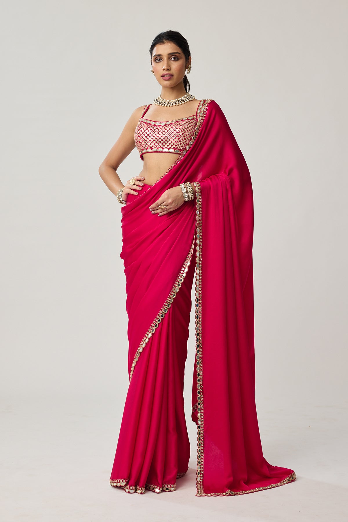 Crimson Red Gota And Mirror Embroidered Saree Set