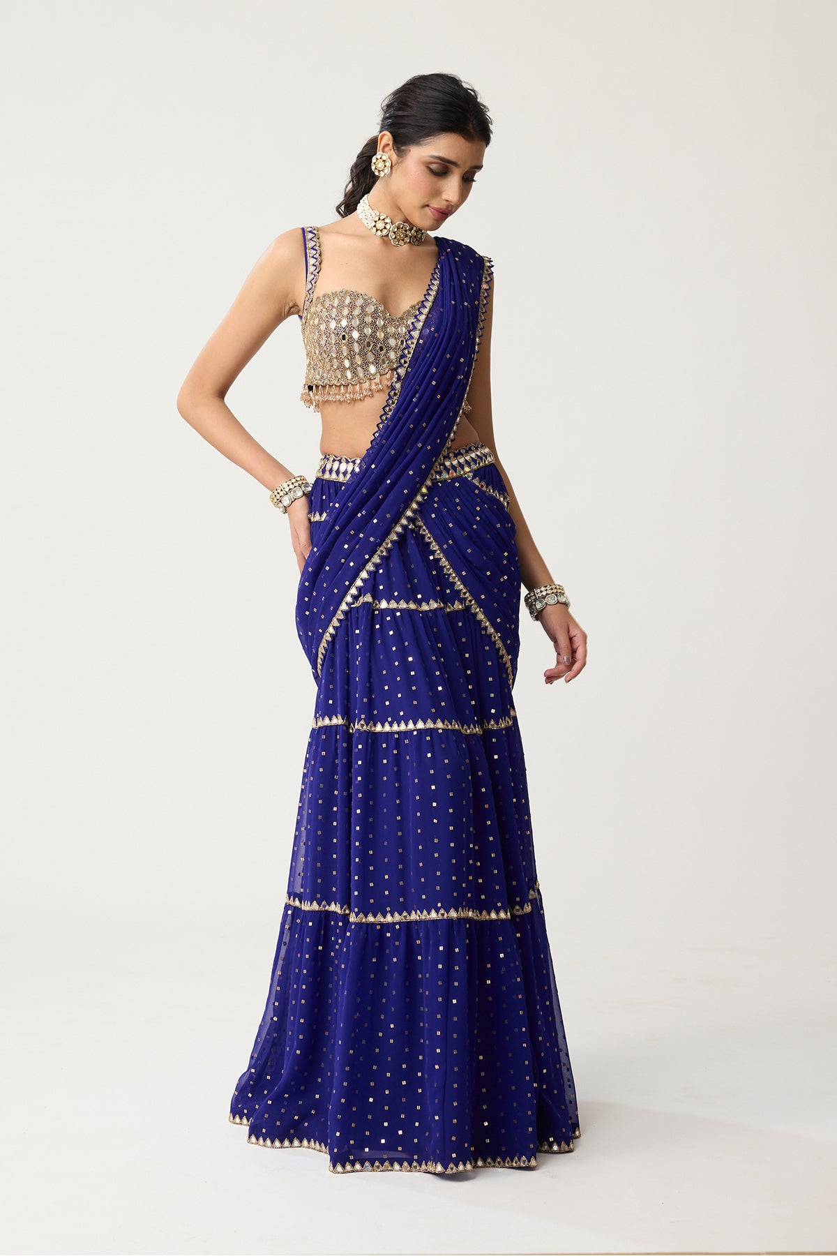 Persian Blue Multi-tier Mirror Saree Set