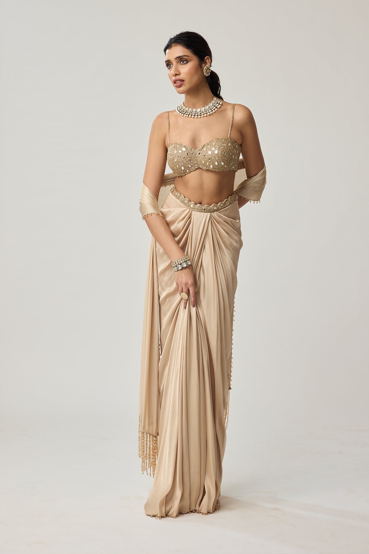 Light beige Mirror Satin draped skirt Set