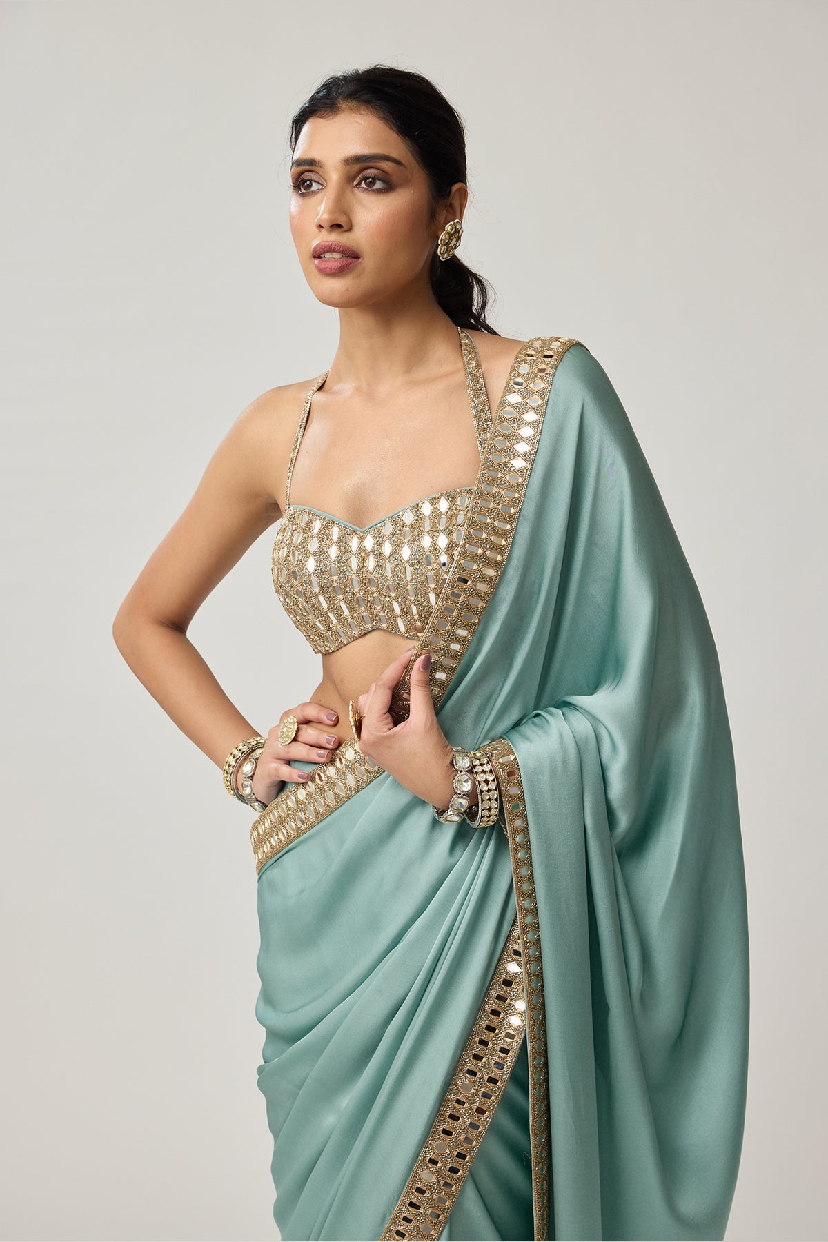 Powder Blue Mirror Satin Saree Set