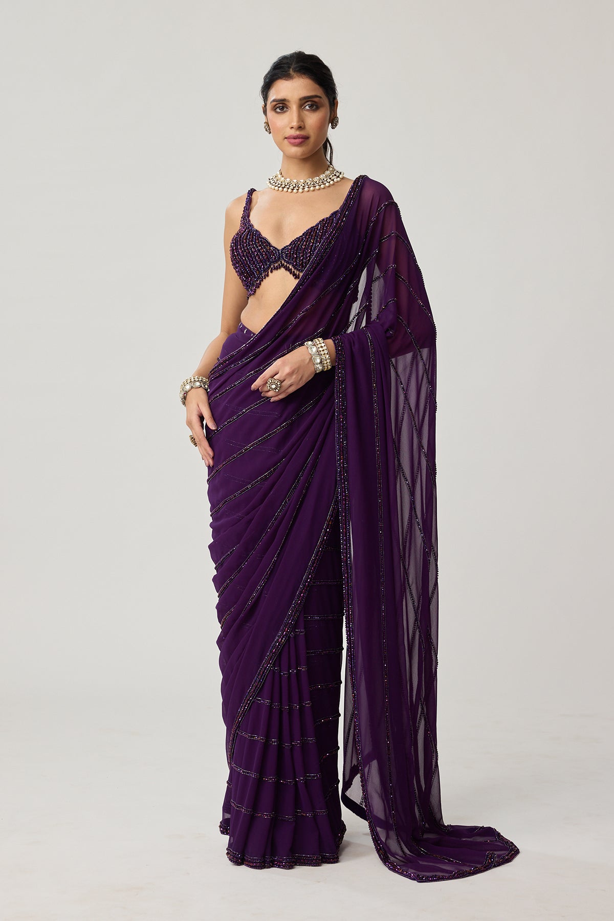 Royalty purple Crystal saree set