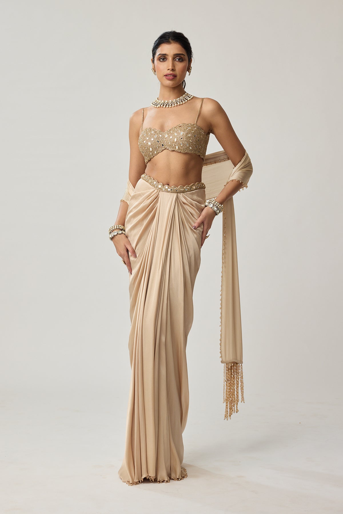 Light beige Mirror Satin draped skirt Set