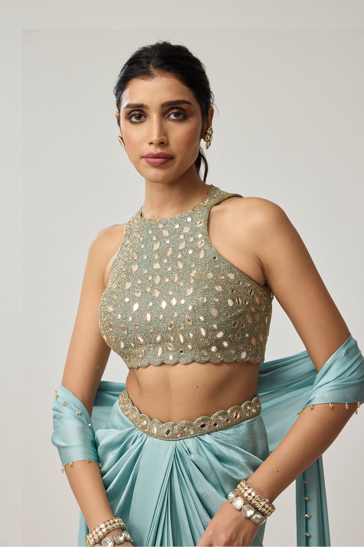 Powder Blue Mirror Satin draped skirt Set