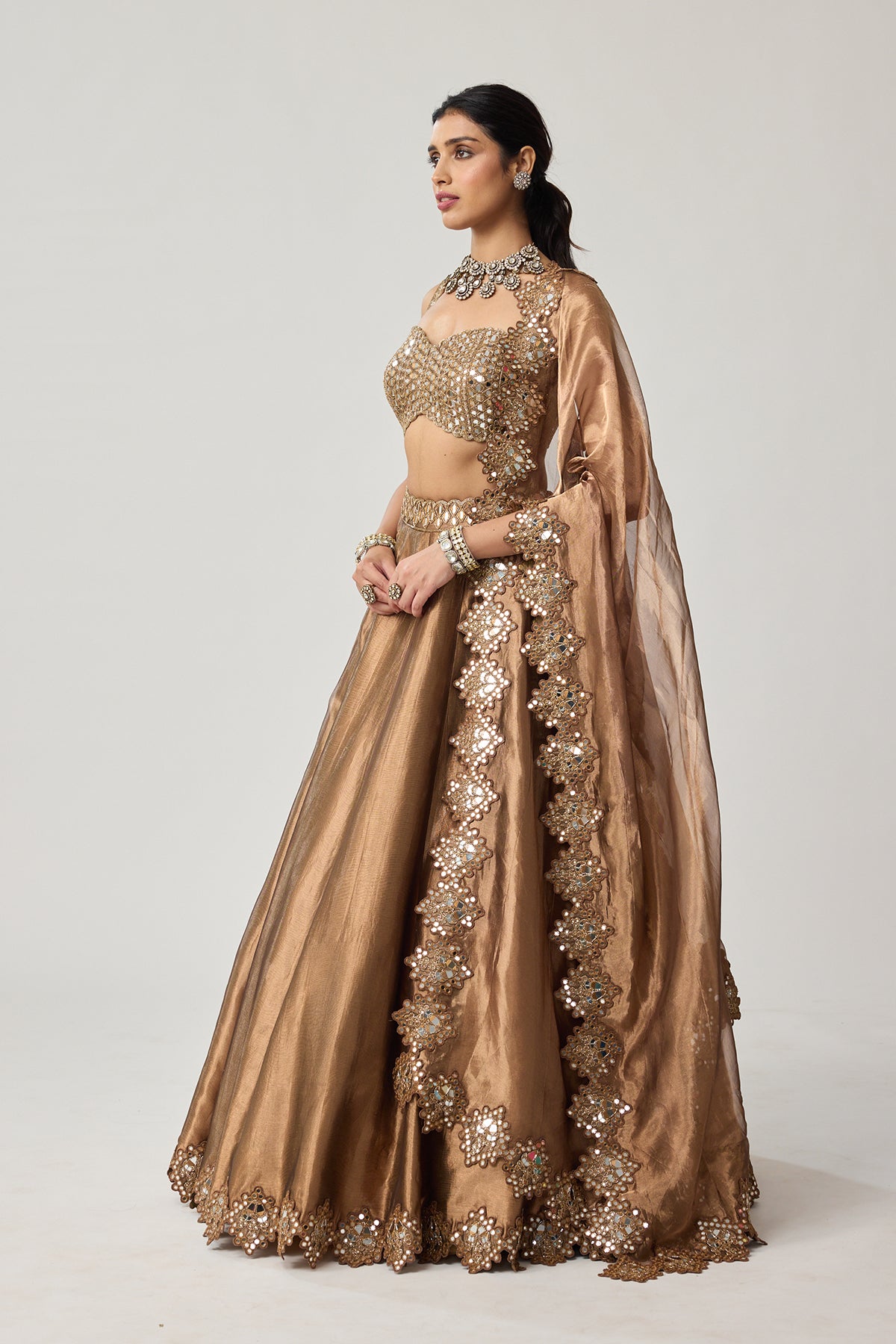 Copper Tissue Mirror Geometry Lehenga Set