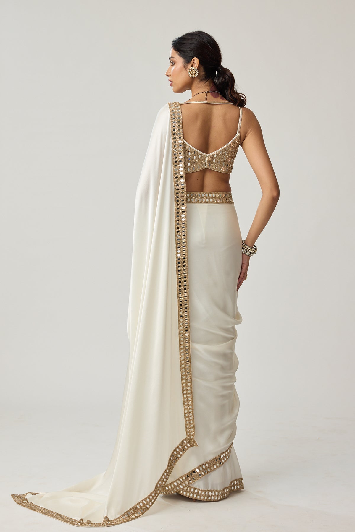 Off White Mirror Satin Saree Set