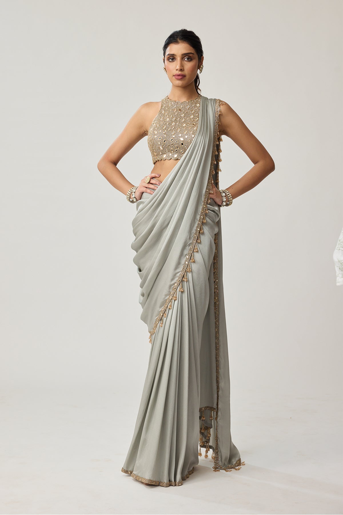 Powder Grey Mirror Satin Saree Set