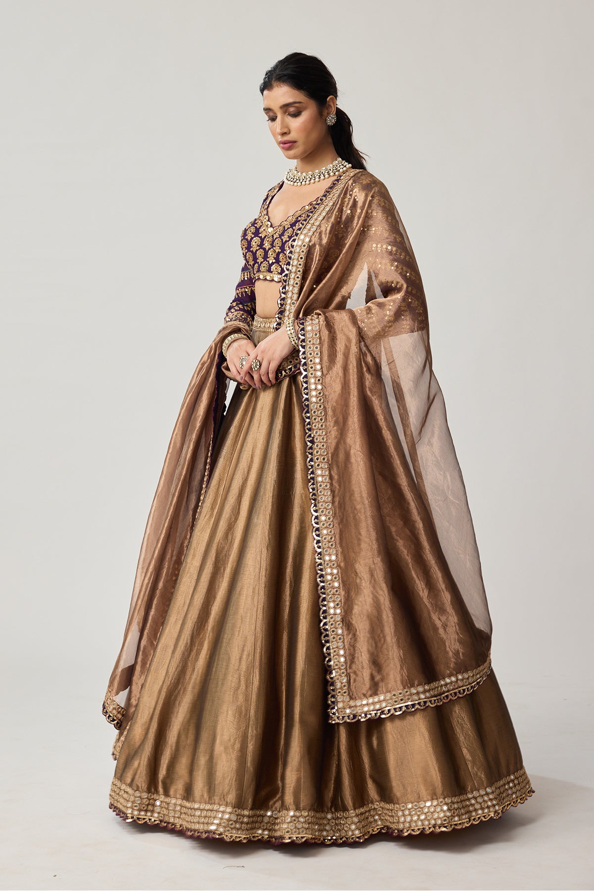 Copper Tissue Mughal Motif Lehenga Set