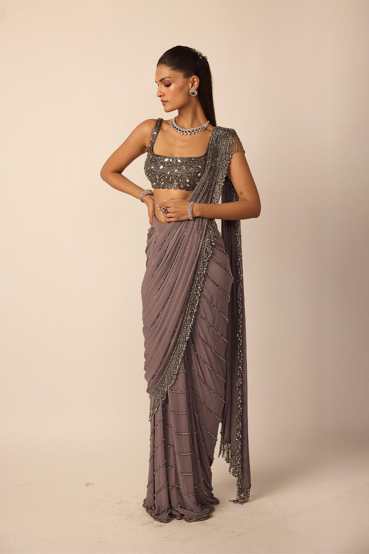 Metallic Grey Linear Draped Saree