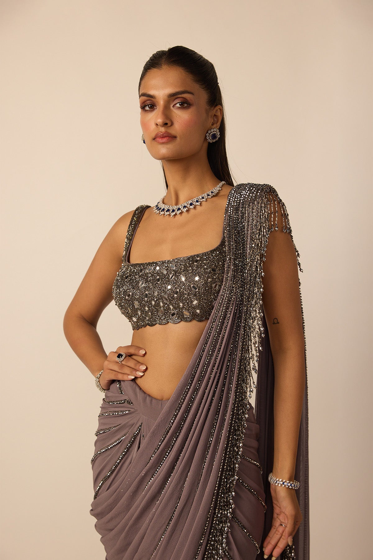 Metallic Grey Linear Draped Saree