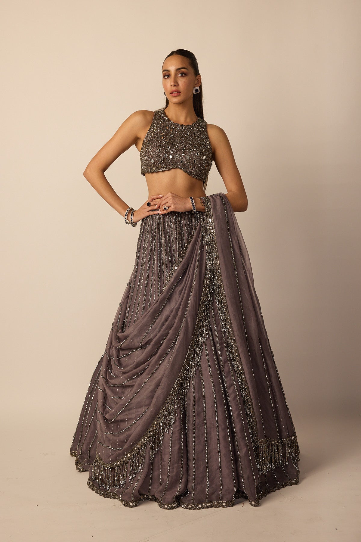 Metallic Grey Linear Lehenga Set