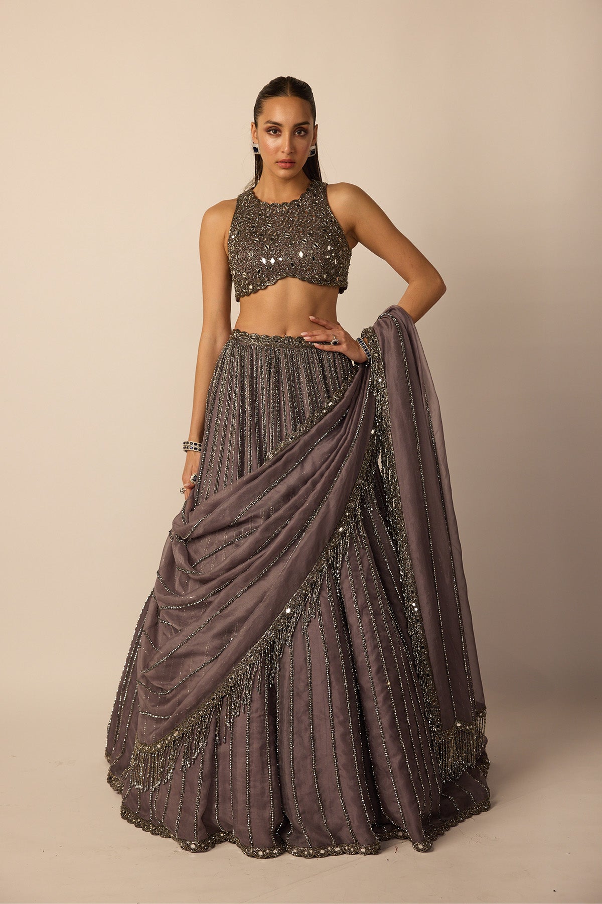 Metallic Grey Linear Lehenga Set