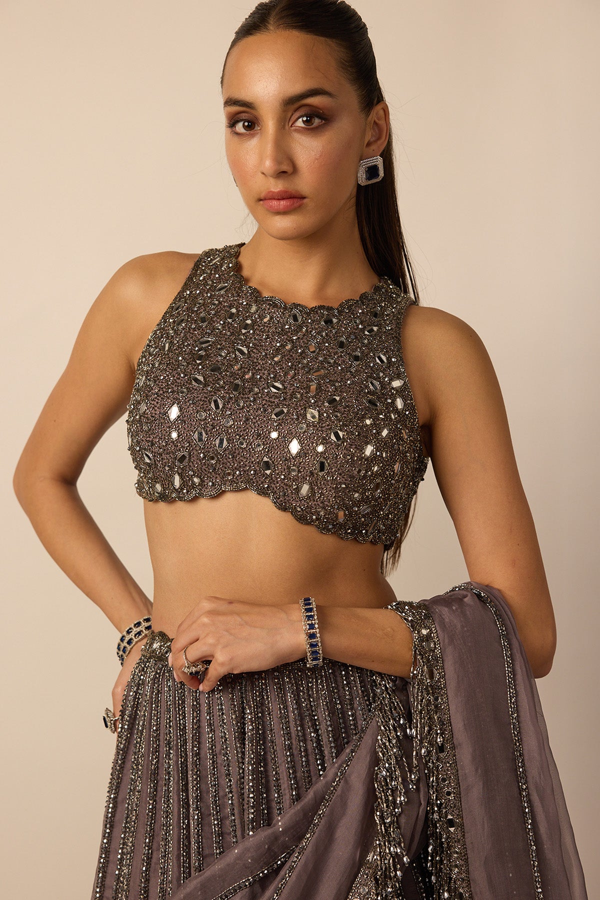 Metallic Grey Linear Lehenga Set