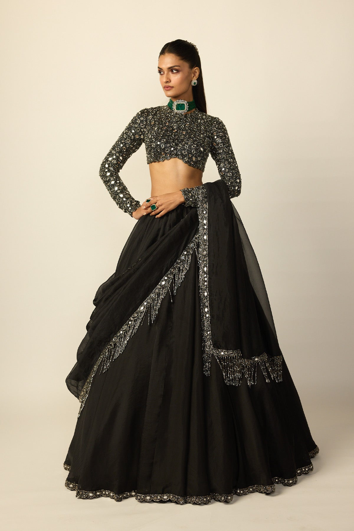 Black Tassel Dupatta Lehenga Set