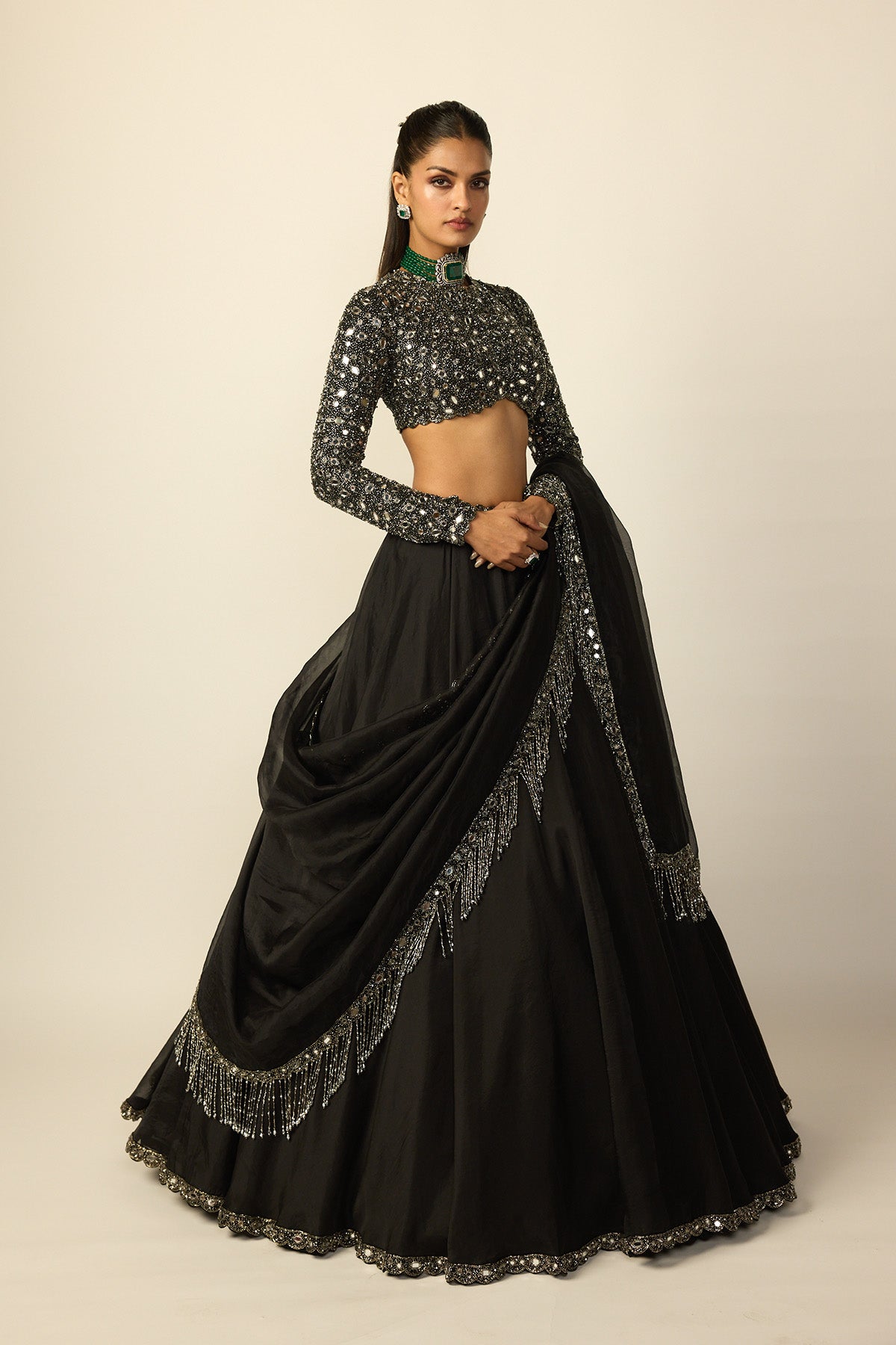 Black Tassel Dupatta Lehenga Set