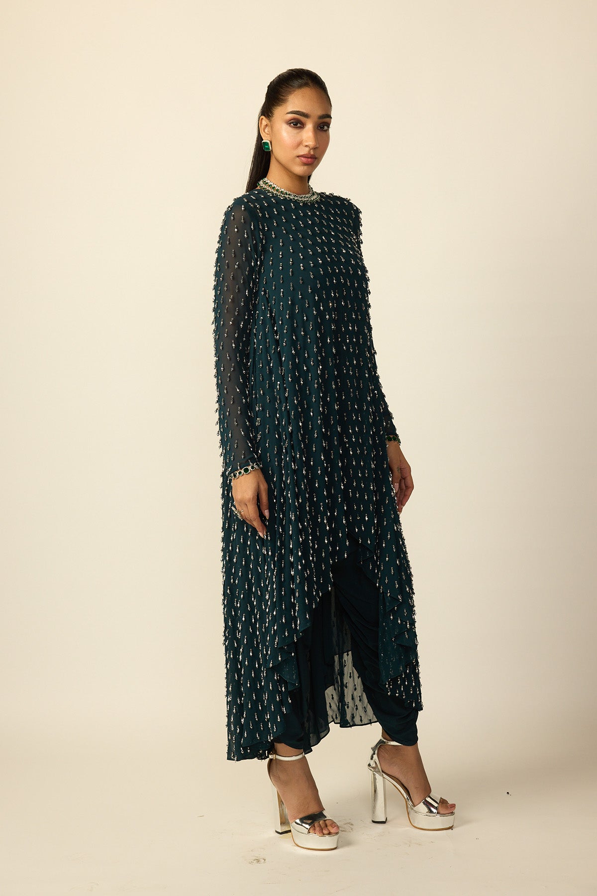 Dark Teal Silver Drop Kurta With Stole