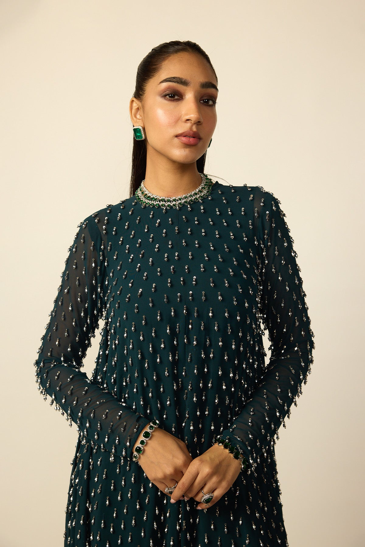 Dark Teal Silver Drop Kurta With Stole