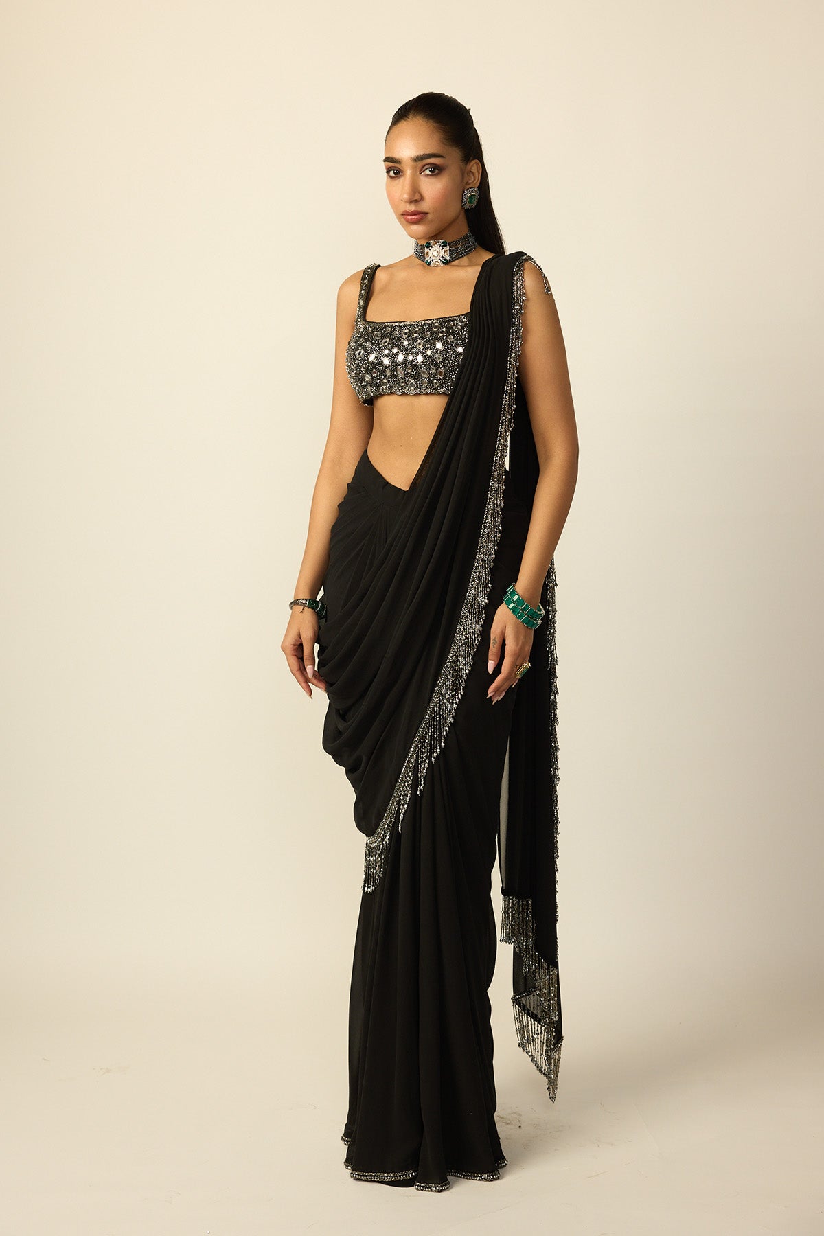 Black Georgette Tassel Saree