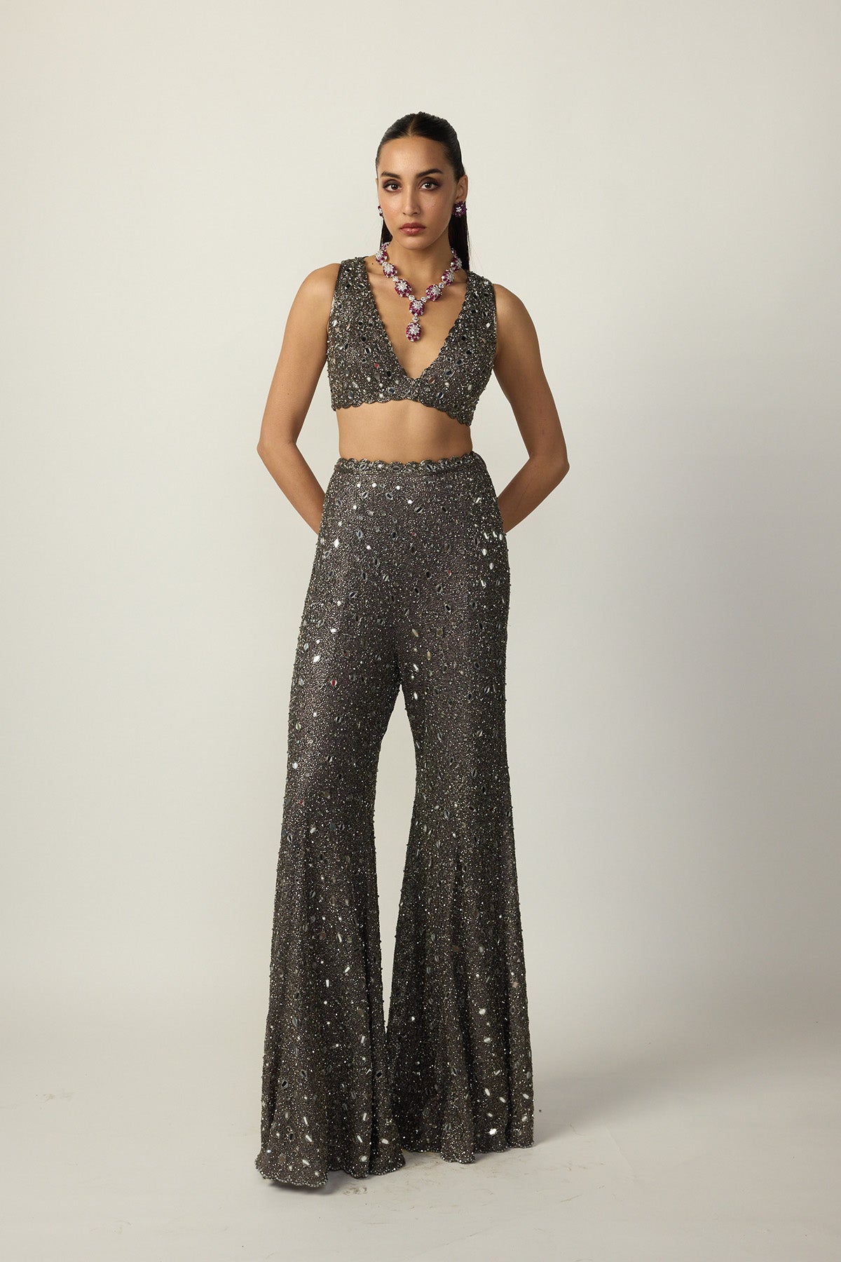 Metallic Grey Blouse Sharara Pant Set