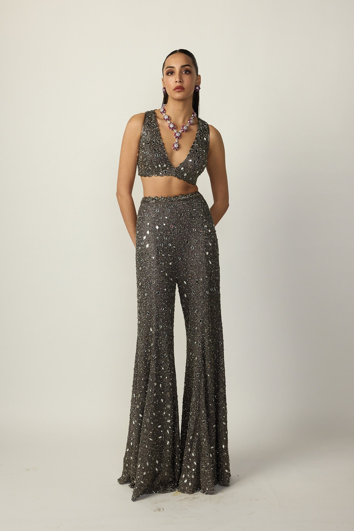 Metallic Grey Blouse Sharara Pant Set