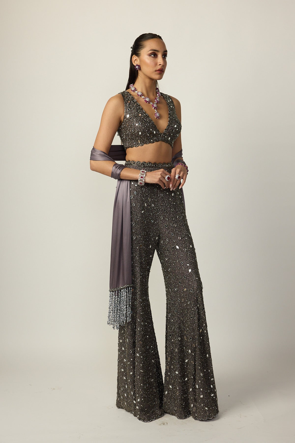 Metallic Grey Sharara Pant Set