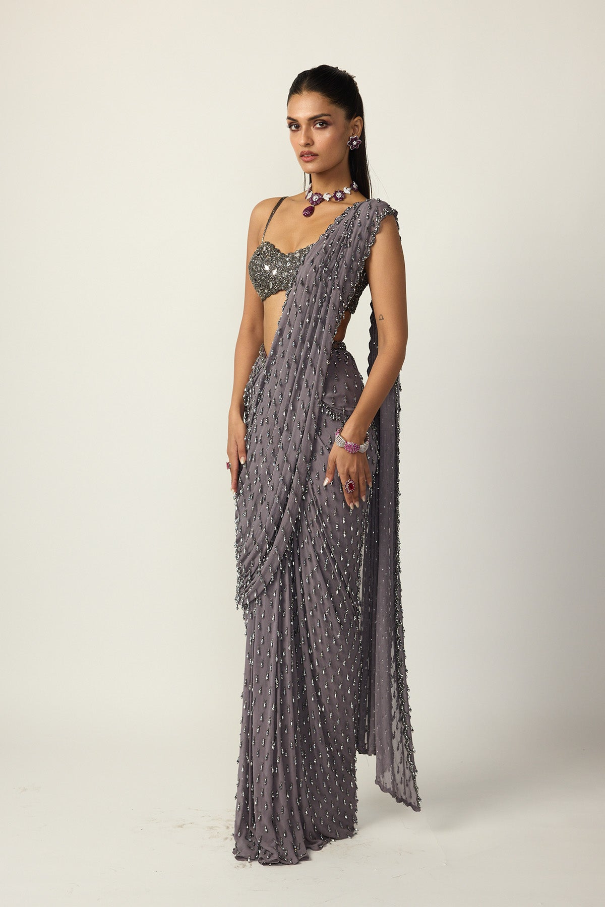 Metallic Grey Single Drop Draped Saree Set