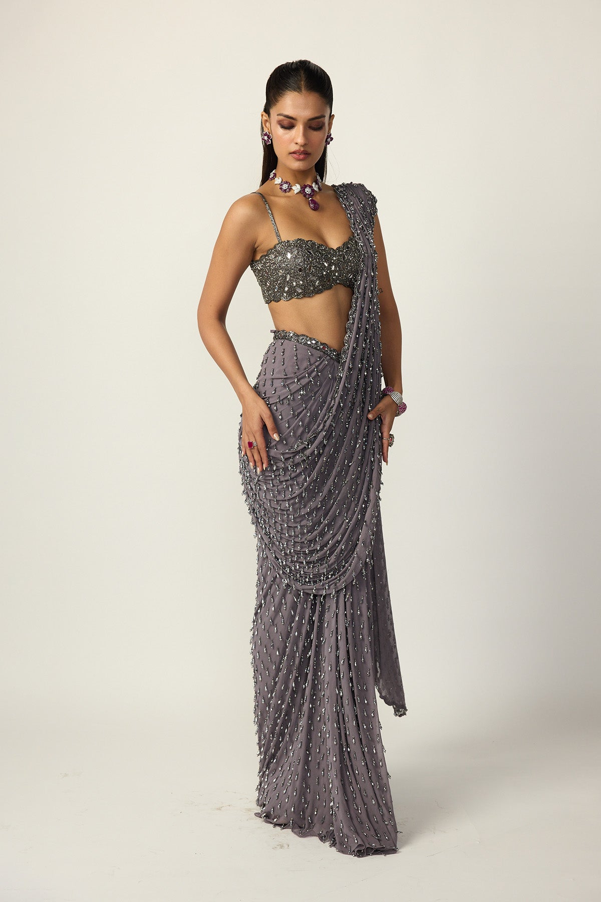 Metallic Grey Single Drop Draped Saree Set