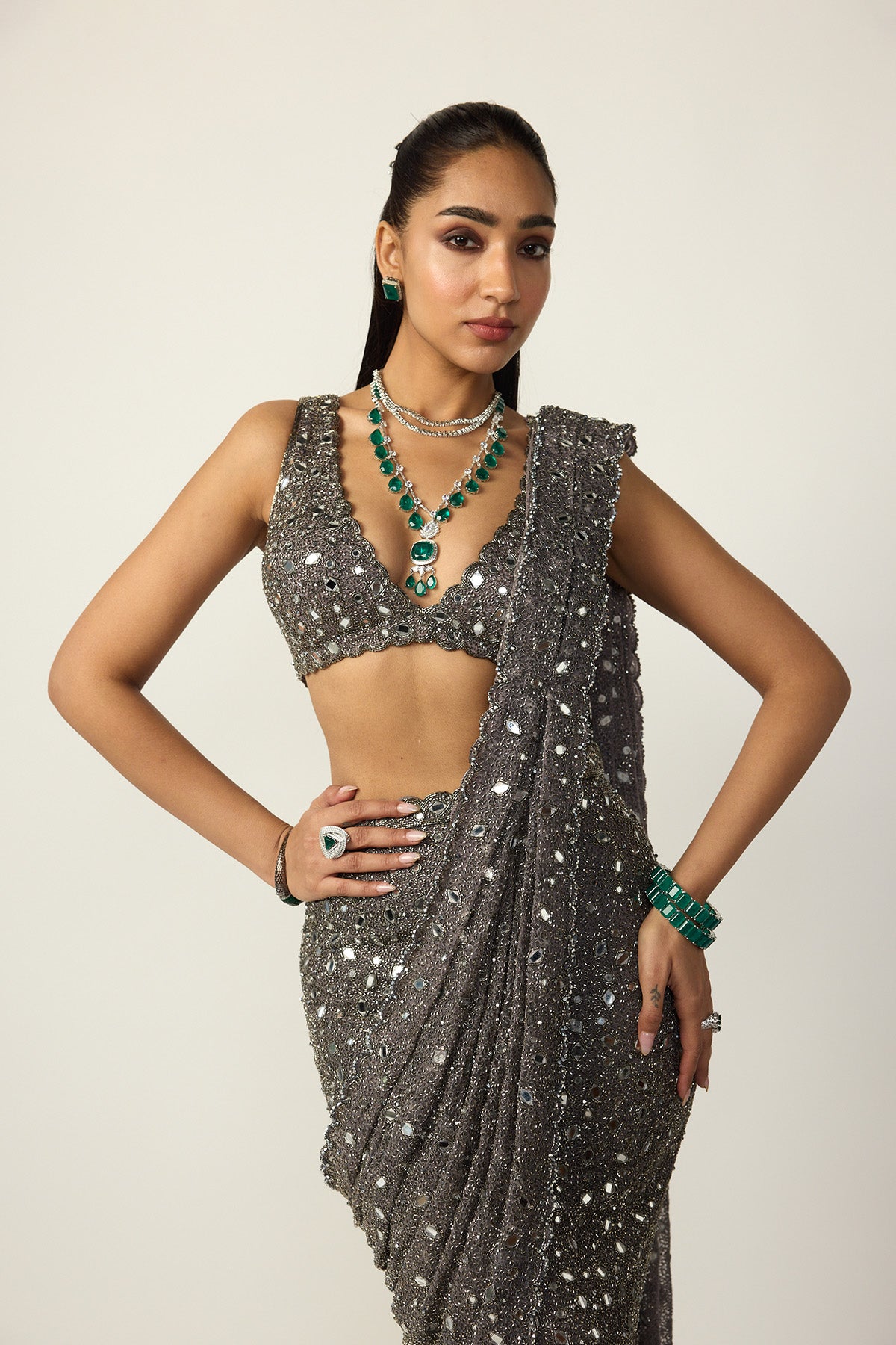 Metallic Grey Draped Saree Set