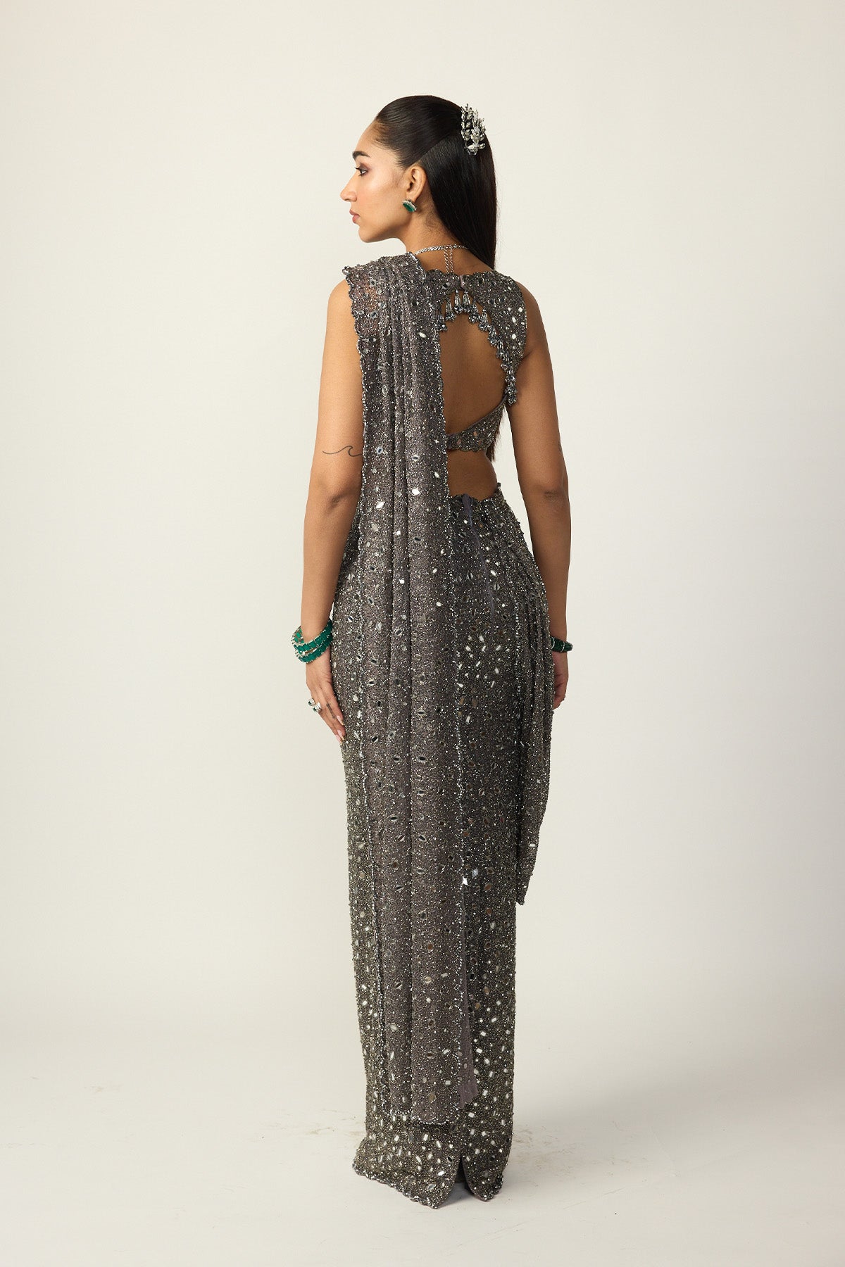 Metallic Grey Draped Saree Set