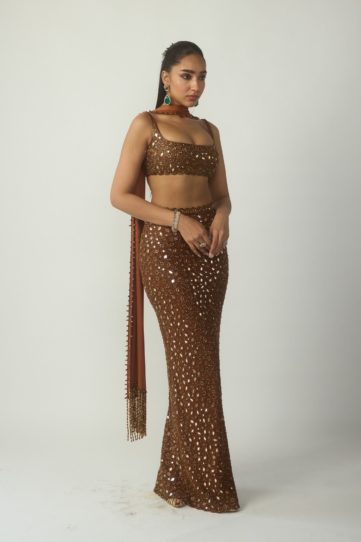 Metallic Copper Pencil Skirt Set