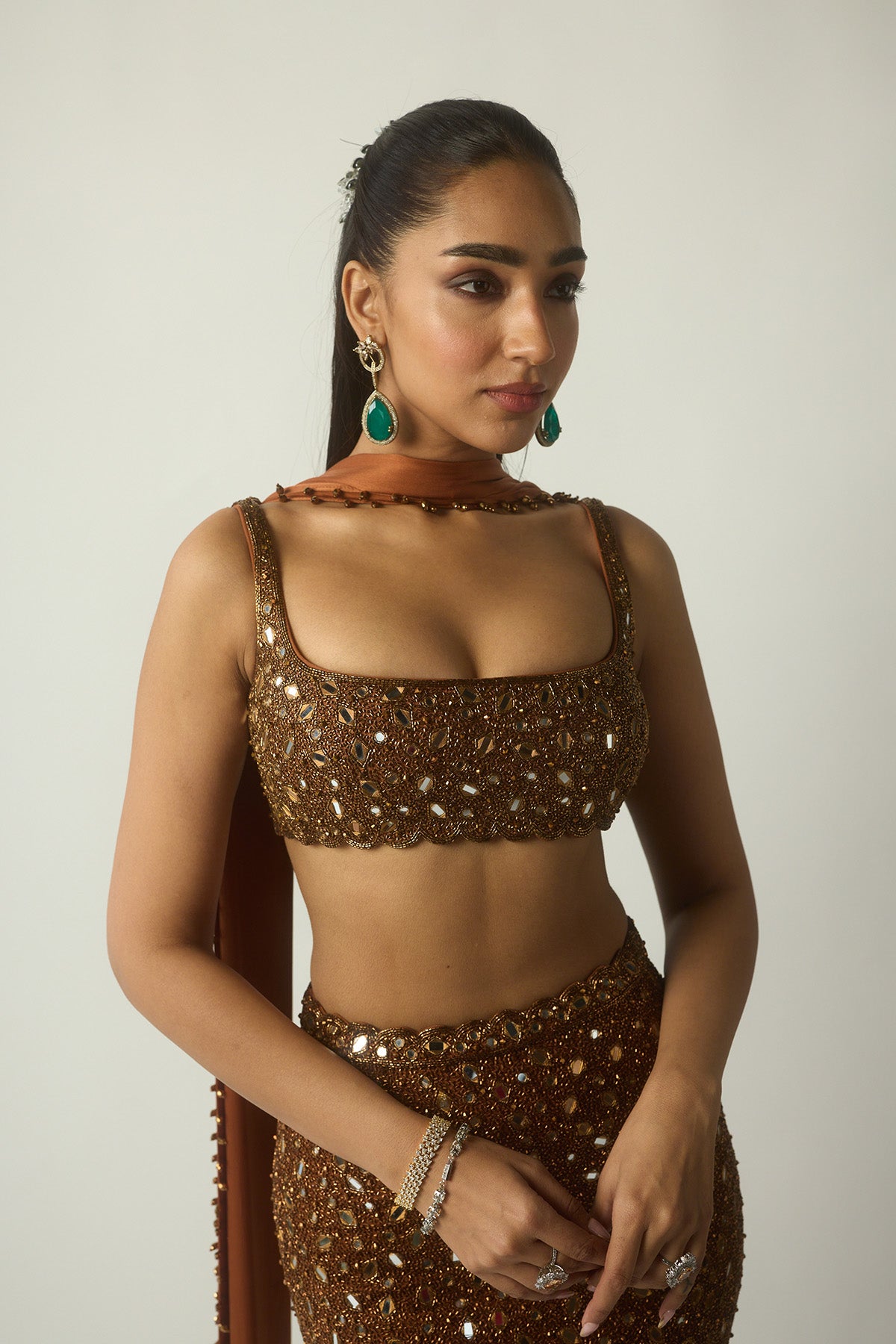 Metallic Copper Pencil Skirt Set