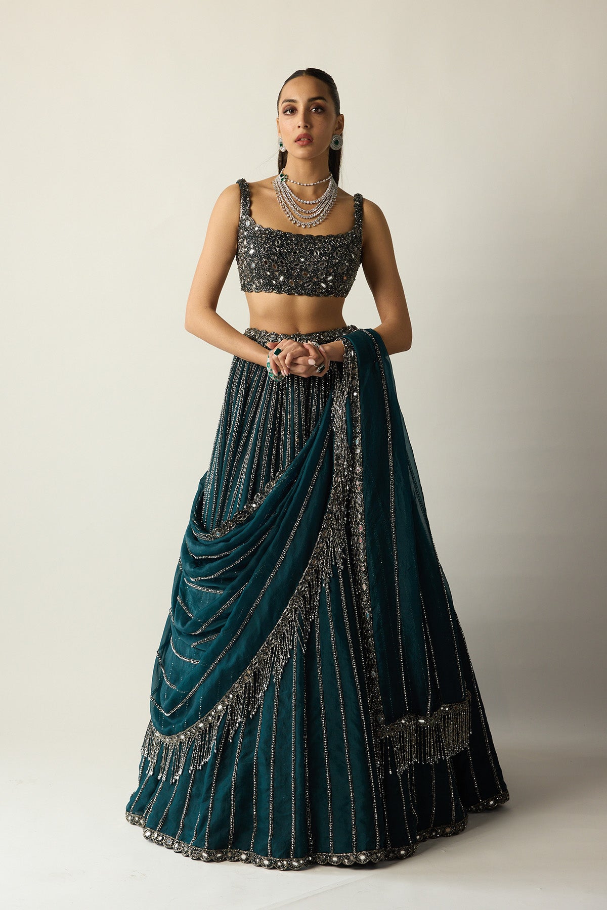 Dark Teal Linear Lehenga Set