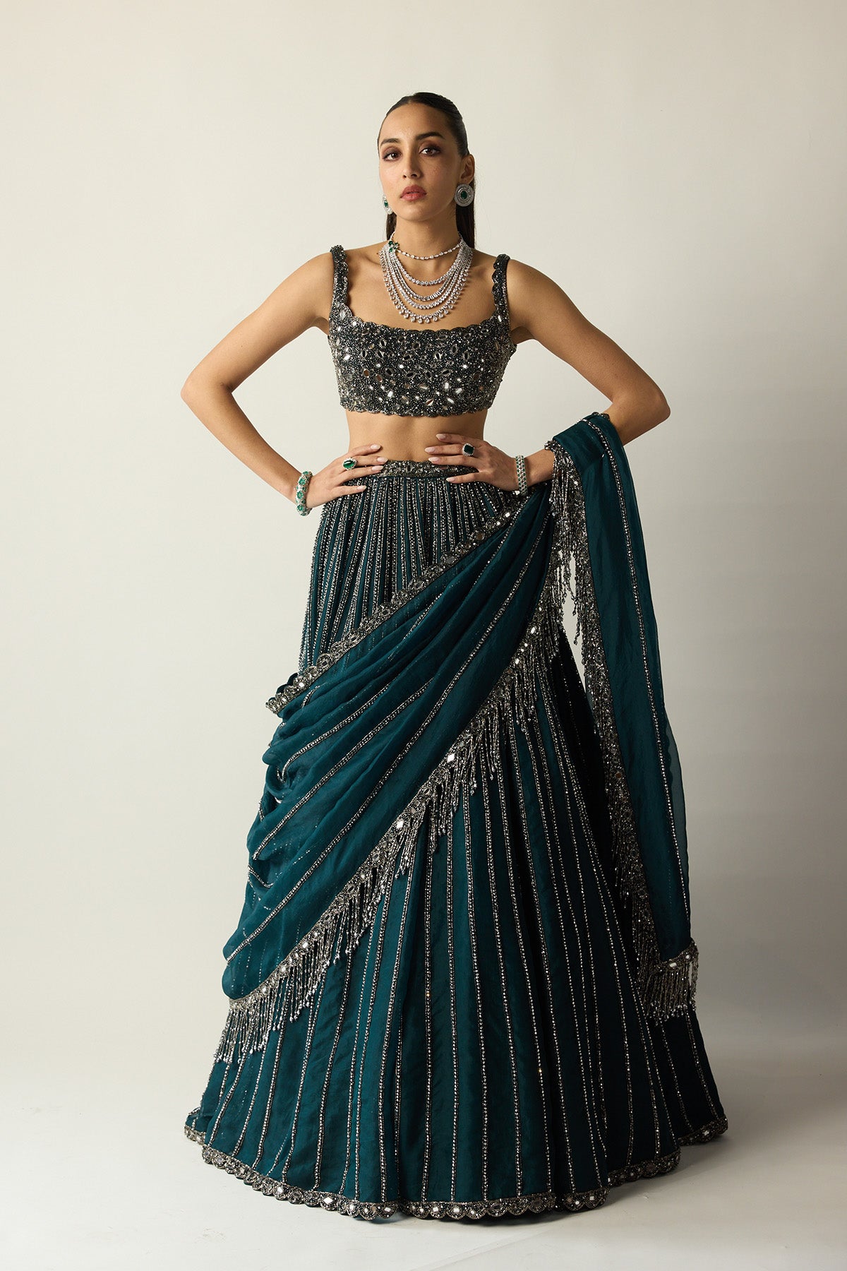 Dark Teal Linear Lehenga Set