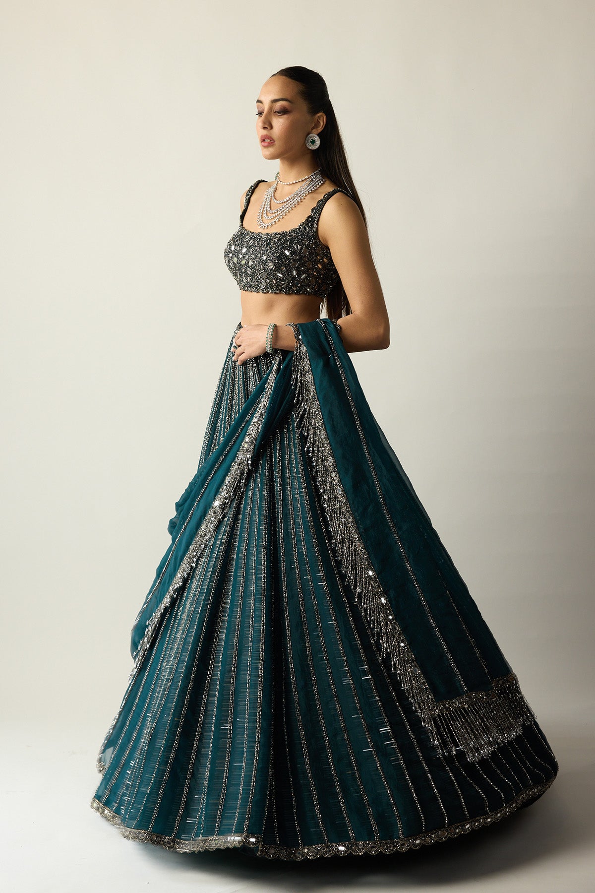 Dark Teal Linear Lehenga Set