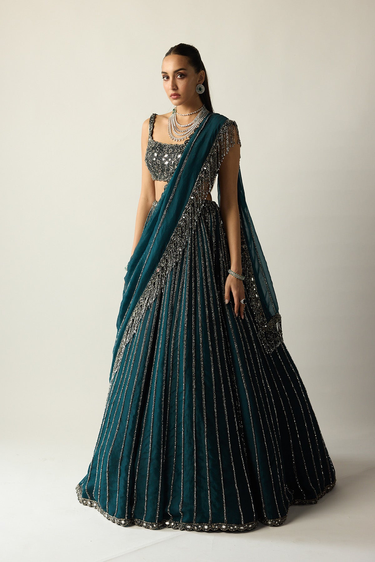 Dark Teal Linear Lehenga Set