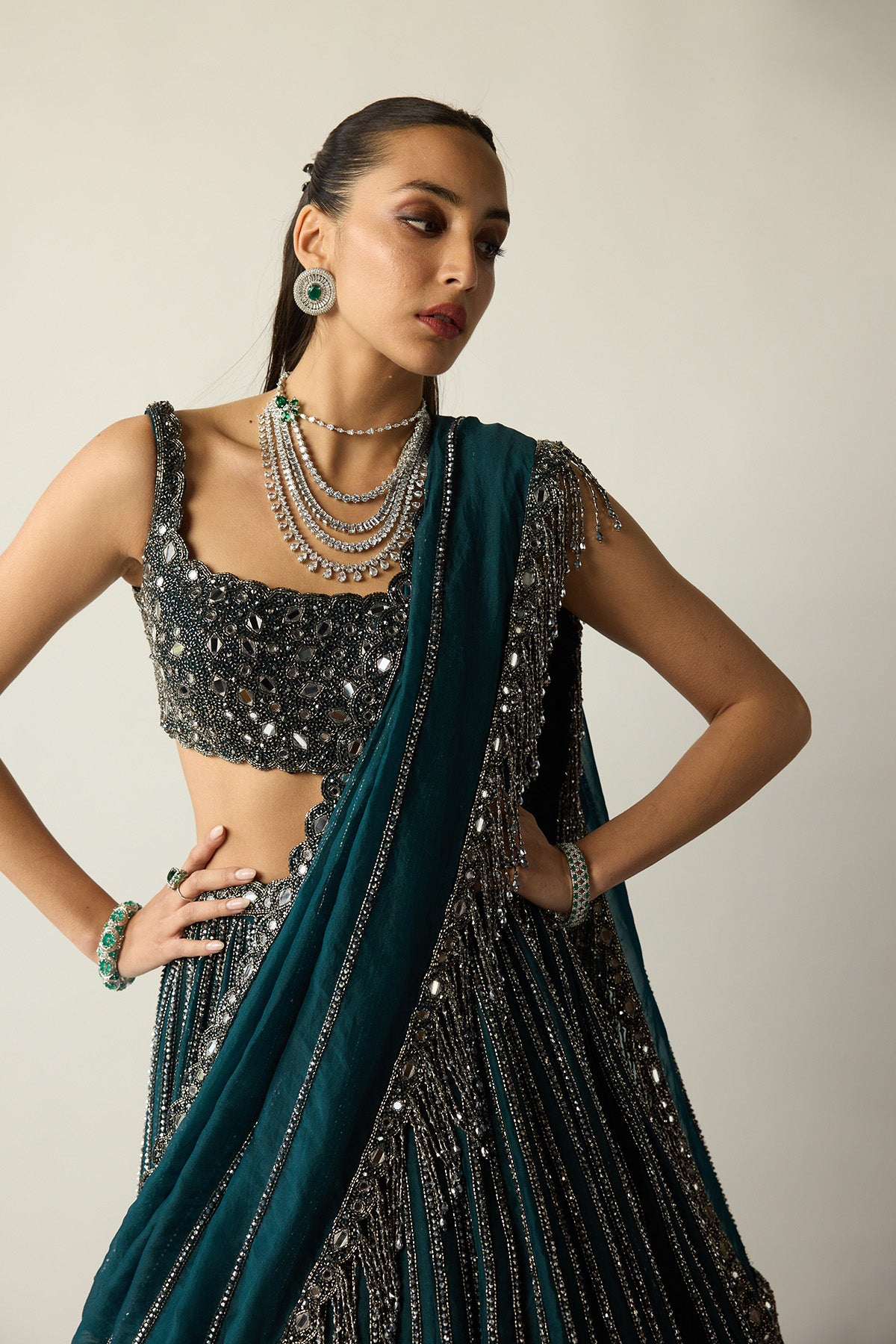 Dark Teal Linear Lehenga Set