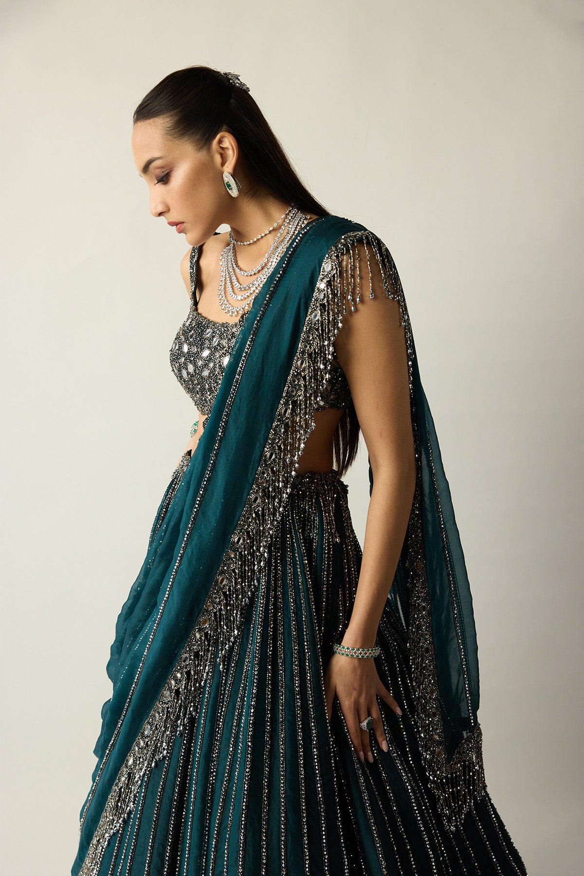 Dark Teal Linear Lehenga Set
