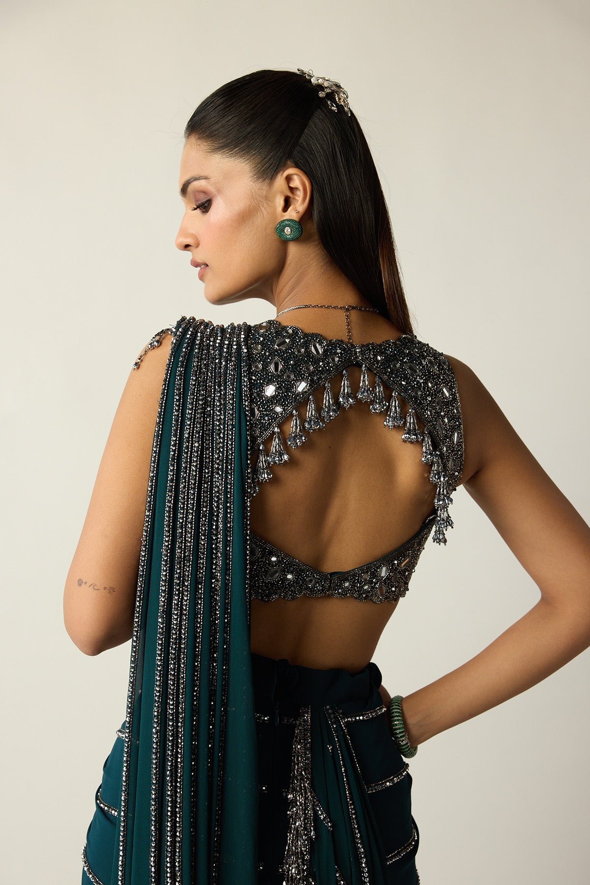 Dark Teal Linear Draped Saree