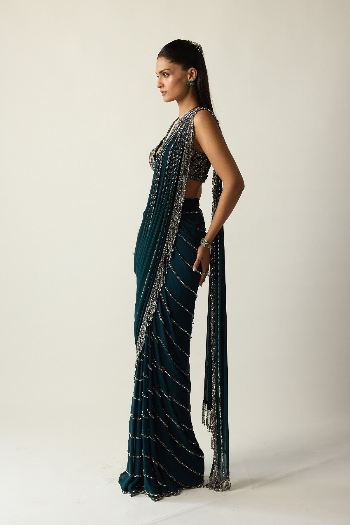 Dark Teal Linear Draped Saree
